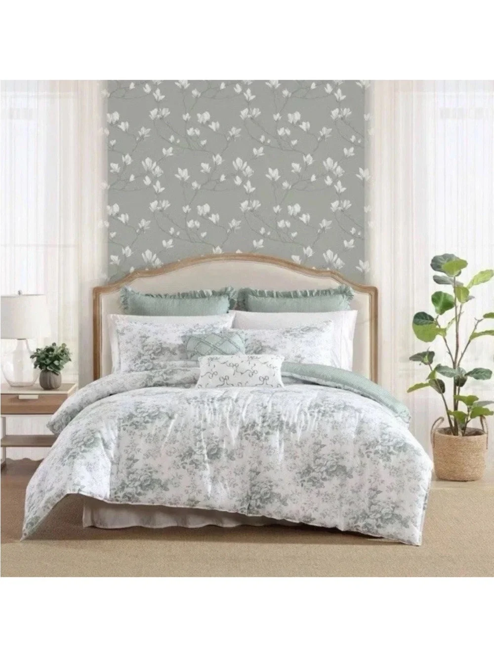 Laura Ashley Twin Green Floral Toile Reversible Comforter Set 5pc